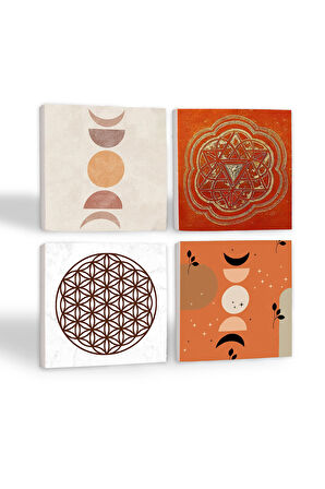 Bohem, Minimalist Soyut, Yaşam Çiçeği, Sri Yantra Taş Bardak Altlığı Masaüstü Koruyucu Altlık 4 Parça Set 10x10cm Stone Coasters