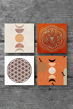 Bohem, Minimalist Soyut, Yaşam Çiçeği, Sri Yantra Taş Bardak Altlığı Masaüstü Koruyucu Altlık 4 Parça Set 10x10cm Stone Coasters