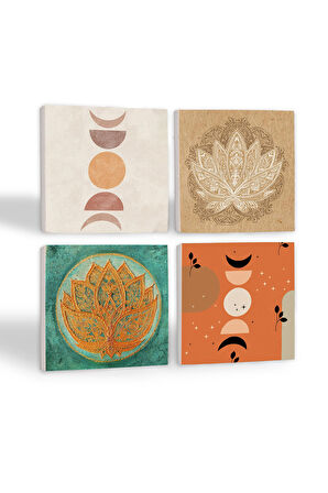 Bohem, Minimalist Soyut, Lotus Çiçeği Taş Bardak Altlığı Masaüstü Koruyucu Altlık 4 Parça Set 10x10cm Stone Coasters