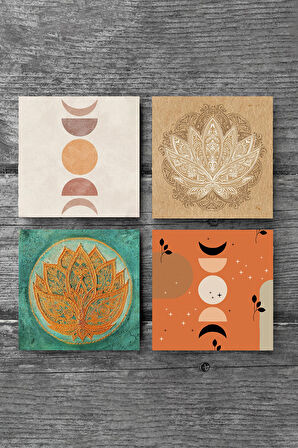 Bohem, Minimalist Soyut, Lotus Çiçeği Taş Bardak Altlığı Masaüstü Koruyucu Altlık 4 Parça Set 10x10cm Stone Coasters