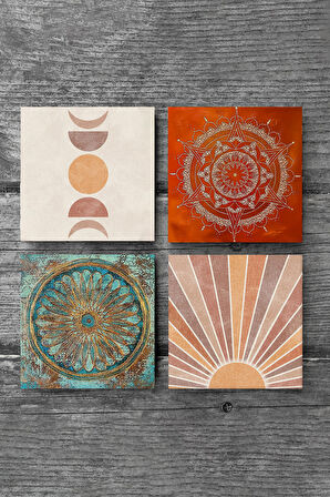 Minimalist Soyut, Yaşam Çiçeği, Mandala Taş Bardak Altlığı Masaüstü Koruyucu Altlık 4 Parça Set 10x10cm Stone Coasters