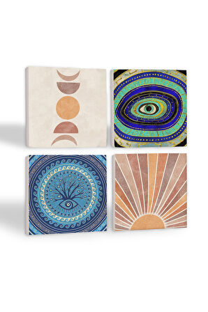 Minimalist Soyut, Nazar Taş Bardak Altlığı Masaüstü Koruyucu Altlık 4 Parça Set 10x10cm Stone Coasters