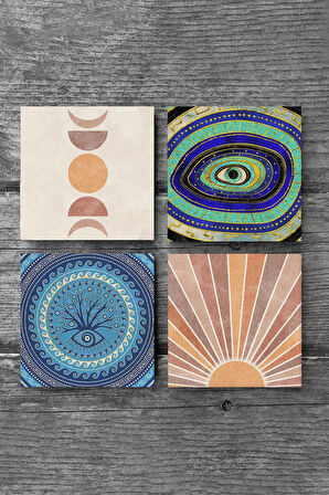 Minimalist Soyut, Nazar Taş Bardak Altlığı Masaüstü Koruyucu Altlık 4 Parça Set 10x10cm Stone Coasters