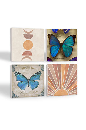 Minimalist Soyut, Kelebek Taş Bardak Altlığı Masaüstü Koruyucu Altlık 4 Parça Set 10x10cm Stone Coasters