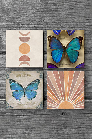 Minimalist Soyut, Kelebek Taş Bardak Altlığı Masaüstü Koruyucu Altlık 4 Parça Set 10x10cm Stone Coasters