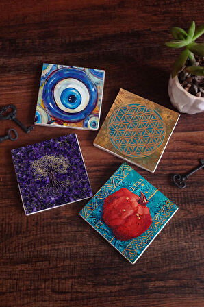 Nazar, Yaşam Çiçeği, Hayat Ağacı, Nar Taş Bardak Altlığı Masaüstü Koruyucu Altlık 4 Parça Set 10x10cm Stone Coasters