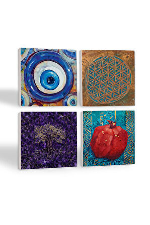 Nazar, Yaşam Çiçeği, Hayat Ağacı, Nar Taş Bardak Altlığı Masaüstü Koruyucu Altlık 4 Parça Set 10x10cm Stone Coasters