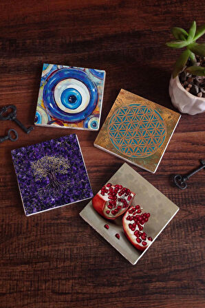 Nazar, Yaşam Çiçeği, Hayat Ağacı, Nar Taş Bardak Altlığı Masaüstü Koruyucu Altlık 4 Parça Set 10x10cm Stone Coasters