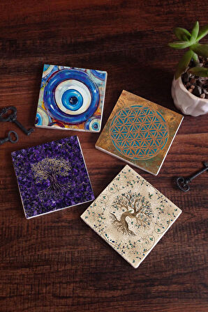 Nazar, Yaşam Çiçeği, Hayat Ağacı Taş Bardak Altlığı Masaüstü Koruyucu Altlık 4 Parça Set 10x10cm Stone Coasters