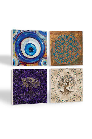 Nazar, Yaşam Çiçeği, Hayat Ağacı Taş Bardak Altlığı Masaüstü Koruyucu Altlık 4 Parça Set 10x10cm Stone Coasters