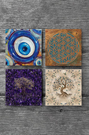 Nazar, Yaşam Çiçeği, Hayat Ağacı Taş Bardak Altlığı Masaüstü Koruyucu Altlık 4 Parça Set 10x10cm Stone Coasters