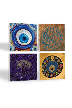 Nazar, Yaşam Çiçeği, Hayat Ağacı Taş Bardak Altlığı Masaüstü Koruyucu Altlık 4 Parça Set 10x10cm Stone Coasters