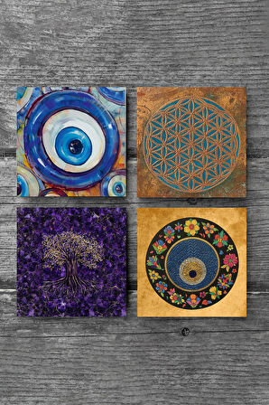 Nazar, Yaşam Çiçeği, Hayat Ağacı Taş Bardak Altlığı Masaüstü Koruyucu Altlık 4 Parça Set 10x10cm Stone Coasters