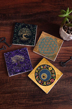 Yaşam Çiçeği, Hayat Ağacı, Nazar Boncuğu Taş Bardak Altlığı Masaüstü Koruyucu Altlık 4 Parça Set 10x10cm Stone Coasters