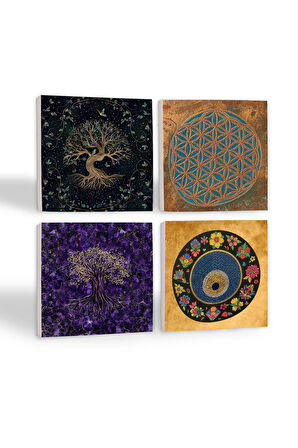 Yaşam Çiçeği, Hayat Ağacı, Nazar Boncuğu Taş Bardak Altlığı Masaüstü Koruyucu Altlık 4 Parça Set 10x10cm Stone Coasters