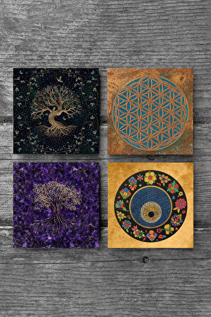 Yaşam Çiçeği, Hayat Ağacı, Nazar Boncuğu Taş Bardak Altlığı Masaüstü Koruyucu Altlık 4 Parça Set 10x10cm Stone Coasters