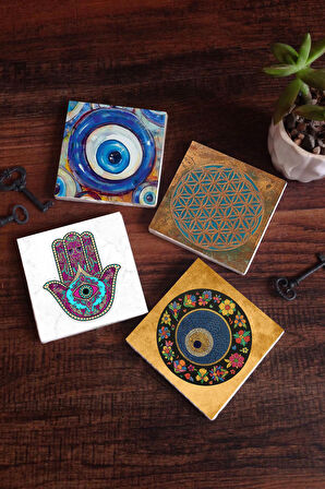 Nazar, Yaşam Çiçeği, Fatma Ana Eli (Hamsa) Taş Bardak Altlığı Masaüstü Koruyucu Altlık 4 Parça Set 10x10cm Stone Coasters