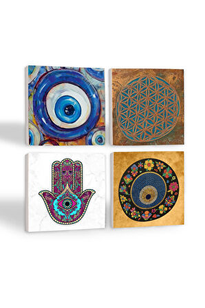 Nazar, Yaşam Çiçeği, Fatma Ana Eli (Hamsa) Taş Bardak Altlığı Masaüstü Koruyucu Altlık 4 Parça Set 10x10cm Stone Coasters