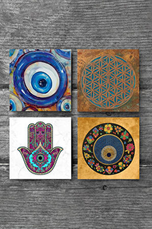 Nazar, Yaşam Çiçeği, Fatma Ana Eli (Hamsa) Taş Bardak Altlığı Masaüstü Koruyucu Altlık 4 Parça Set 10x10cm Stone Coasters