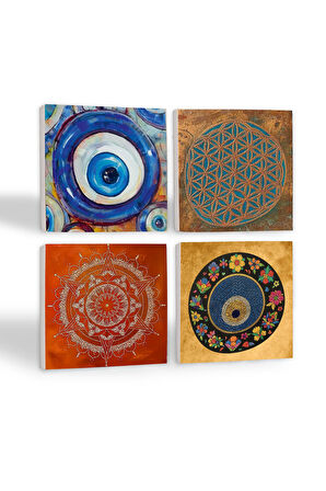 Nazar, Yaşam Çiçeği, Mandala Taş Bardak Altlığı Masaüstü Koruyucu Altlık 4 Parça Set 10x10cm Stone Coasters