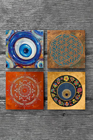 Nazar, Yaşam Çiçeği, Mandala Taş Bardak Altlığı Masaüstü Koruyucu Altlık 4 Parça Set 10x10cm Stone Coasters