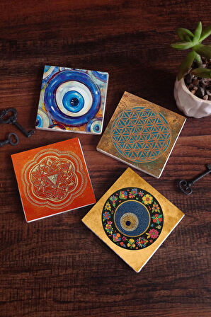Nazar, Yaşam Çiçeği, Sri Yantra Taş Bardak Altlığı Masaüstü Koruyucu Altlık 4 Parça Set 10x10cm Stone Coasters