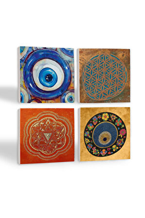 Nazar, Yaşam Çiçeği, Sri Yantra Taş Bardak Altlığı Masaüstü Koruyucu Altlık 4 Parça Set 10x10cm Stone Coasters