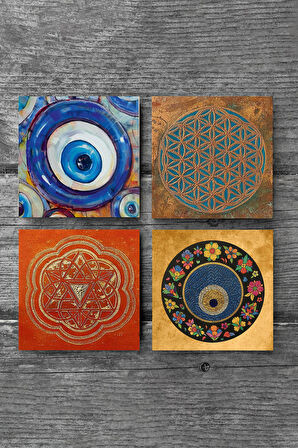 Nazar, Yaşam Çiçeği, Sri Yantra Taş Bardak Altlığı Masaüstü Koruyucu Altlık 4 Parça Set 10x10cm Stone Coasters
