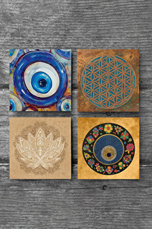 Nazar, Yaşam Çiçeği, Lotus Çiçeği Taş Bardak Altlığı Masaüstü Koruyucu Altlık 4 Parça Set 10x10cm Stone Coasters