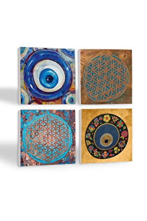 Nazar, Yaşam Çiçeği Taş Bardak Altlığı Masaüstü Koruyucu Altlık 4 Parça Set 10x10cm Stone Coasters