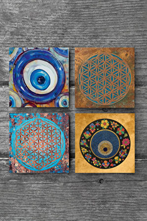 Nazar, Yaşam Çiçeği Taş Bardak Altlığı Masaüstü Koruyucu Altlık 4 Parça Set 10x10cm Stone Coasters