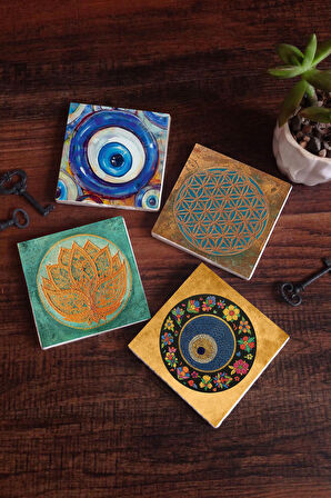 Nazar, Yaşam Çiçeği, Lotus Çiçeği Taş Bardak Altlığı Masaüstü Koruyucu Altlık 4 Parça Set 10x10cm Stone Coasters