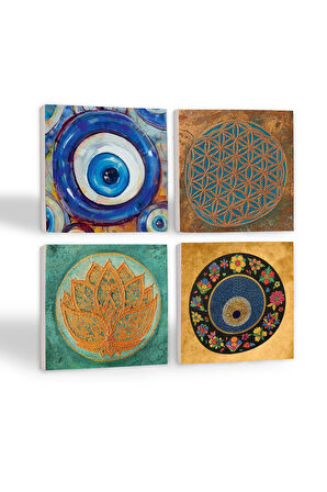 Nazar, Yaşam Çiçeği, Lotus Çiçeği Taş Bardak Altlığı Masaüstü Koruyucu Altlık 4 Parça Set 10x10cm Stone Coasters