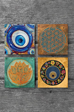 Nazar, Yaşam Çiçeği, Lotus Çiçeği Taş Bardak Altlığı Masaüstü Koruyucu Altlık 4 Parça Set 10x10cm Stone Coasters