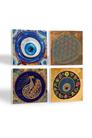 Nazar, Yaşam Çiçeği, Tavus Kuşu Taş Bardak Altlığı Masaüstü Koruyucu Altlık 4 Parça Set 10x10cm Stone Coasters