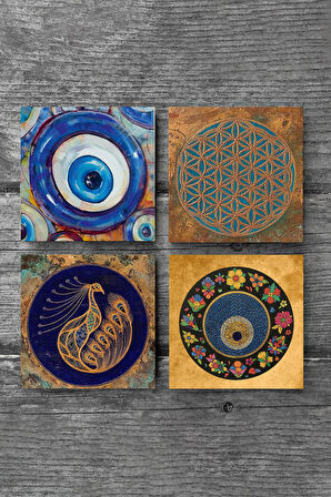 Nazar, Yaşam Çiçeği, Tavus Kuşu Taş Bardak Altlığı Masaüstü Koruyucu Altlık 4 Parça Set 10x10cm Stone Coasters