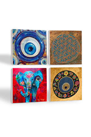 Nazar, Yaşam Çiçeği, Fil Taş Bardak Altlığı Masaüstü Koruyucu Altlık 4 Parça Set 10x10cm Stone Coasters