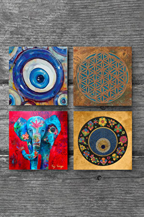 Nazar, Yaşam Çiçeği, Fil Taş Bardak Altlığı Masaüstü Koruyucu Altlık 4 Parça Set 10x10cm Stone Coasters