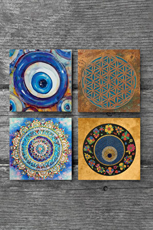 Nazar, Yaşam Çiçeği, Mandala Taş Bardak Altlığı Masaüstü Koruyucu Altlık 4 Parça Set 10x10cm Stone Coasters