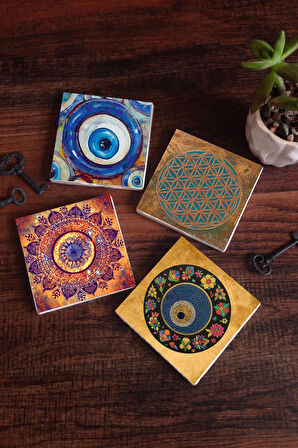 Nazar, Yaşam Çiçeği, Mandala Taş Bardak Altlığı Masaüstü Koruyucu Altlık 4 Parça Set 10x10cm Stone Coasters
