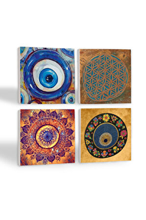 Nazar, Yaşam Çiçeği, Mandala Taş Bardak Altlığı Masaüstü Koruyucu Altlık 4 Parça Set 10x10cm Stone Coasters