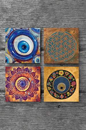 Nazar, Yaşam Çiçeği, Mandala Taş Bardak Altlığı Masaüstü Koruyucu Altlık 4 Parça Set 10x10cm Stone Coasters