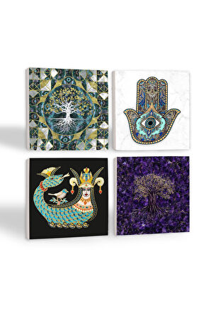 Hayat Ağacı, Şahmeran, Fatma Ana Eli (Hamsa) Taş Bardak Altlığı Masaüstü Koruyucu Altlık 4 Parça Set 10x10cm Stone Coasters