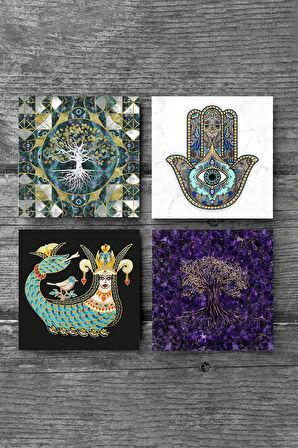 Hayat Ağacı, Şahmeran, Fatma Ana Eli (Hamsa) Taş Bardak Altlığı Masaüstü Koruyucu Altlık 4 Parça Set 10x10cm Stone Coasters