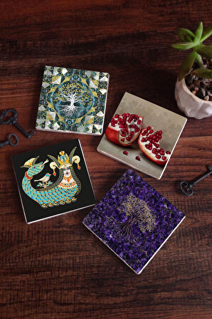 Hayat Ağacı, Şahmeran, Nar Taş Bardak Altlığı Masaüstü Koruyucu Altlık 4 Parça Set 10x10cm Stone Coasters