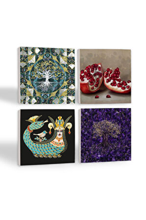 Hayat Ağacı, Şahmeran, Nar Taş Bardak Altlığı Masaüstü Koruyucu Altlık 4 Parça Set 10x10cm Stone Coasters