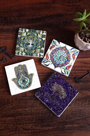 Hayat Ağacı, Çini Sanatı, Fatma Ana Eli (Hamsa) Taş Bardak Altlığı Masaüstü Koruyucu Altlık 4 Parça Set 10x10cm Stone Coasters