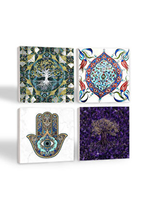 Hayat Ağacı, Çini Sanatı, Fatma Ana Eli (Hamsa) Taş Bardak Altlığı Masaüstü Koruyucu Altlık 4 Parça Set 10x10cm Stone Coasters