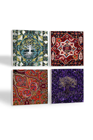 Hayat Ağacı, Desen Taş Bardak Altlığı Masaüstü Koruyucu Altlık 4 Parça Set 10x10cm Stone Coasters