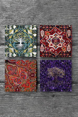 Hayat Ağacı, Desen Taş Bardak Altlığı Masaüstü Koruyucu Altlık 4 Parça Set 10x10cm Stone Coasters